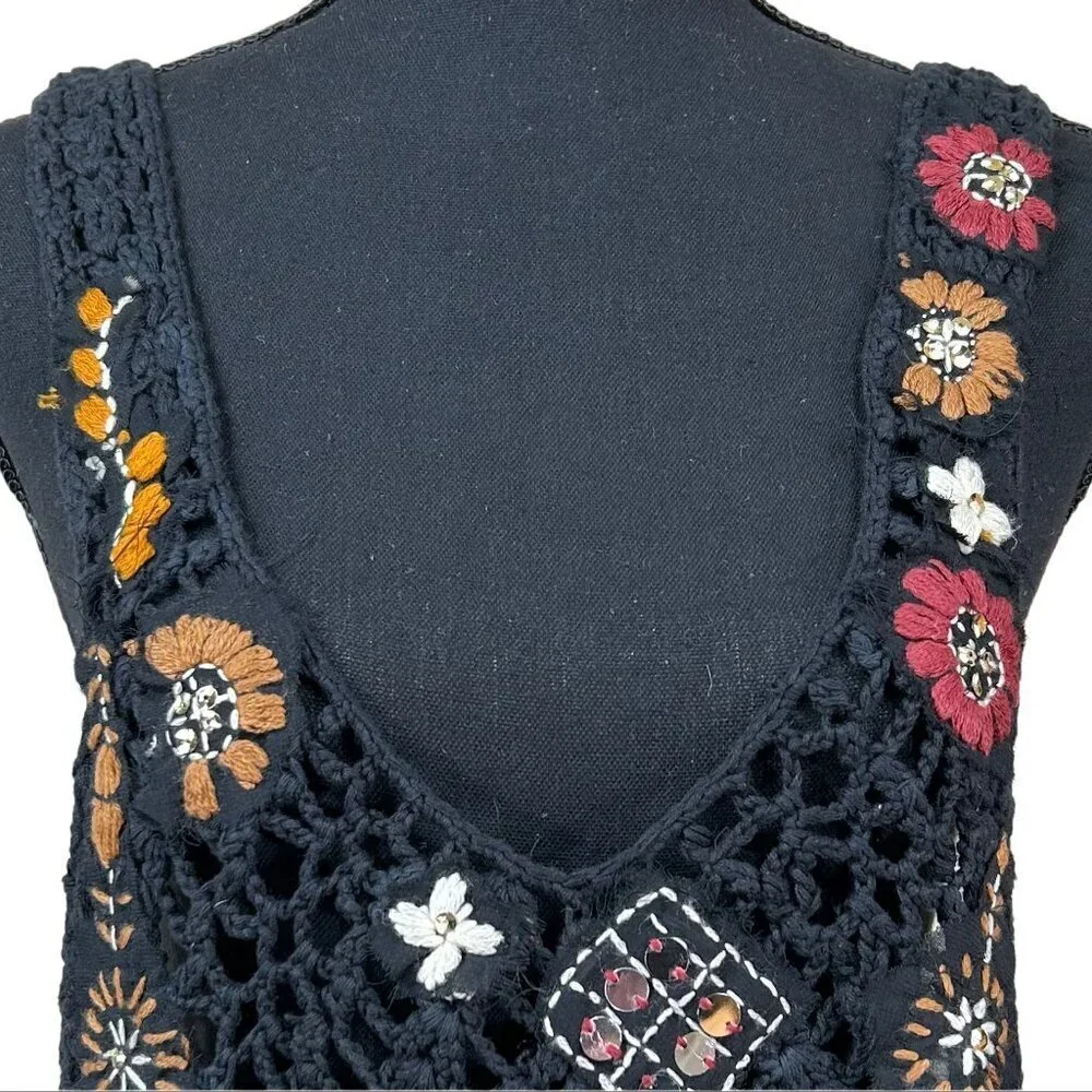 Free People NWT Black Sheer Embroidered Crochet Back Tie Tank Top Size XS - Picture 11 of 13